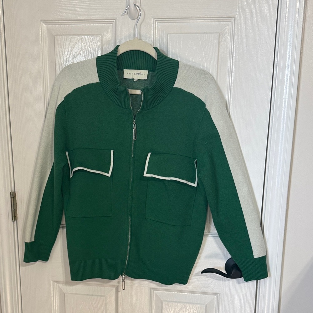 Green Zip Front Cardigan with Contrast Cream Sleeves